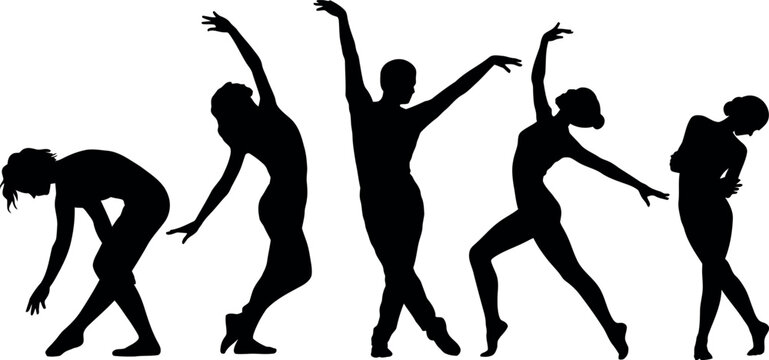 Collection of five black silhouette ballet dancers in various expressive poses on a white background