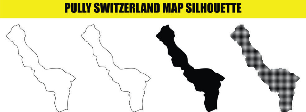 Pully switzerland map silhouette pack with line art solid black and dotted pattern options for graphic designers.