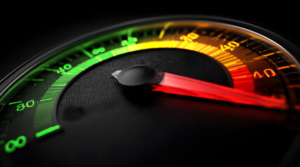 Naklejka premium 3D credit score gauge with needle in the red zone, indicating a very low, bad score, isolated on transparent background.