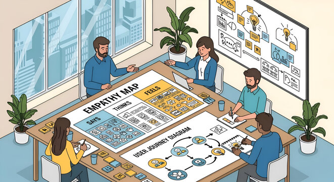 Team Collaborates on Empathy Map and User Journey Diagram in Office Meeting