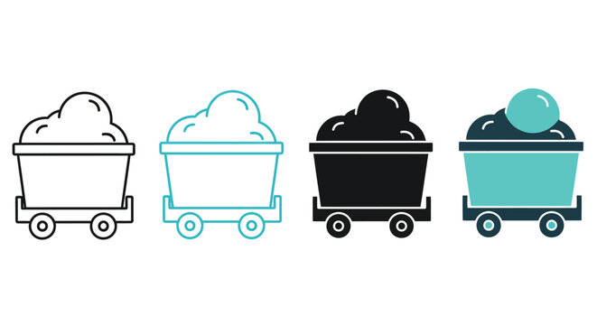 Mine cart icons set with coal in black, white and teal colors featuring mining, color, illustration