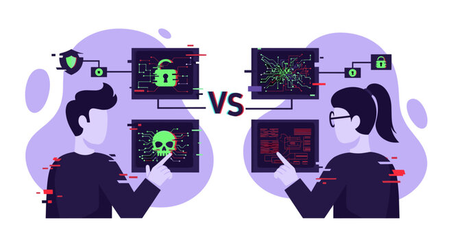 Cyber security concept with hackers facing monitors showing a lock and skull icon versus a complex network diagram and data.