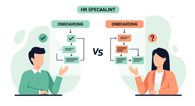 A man and woman sit at a desk comparing two distinct onboarding process diagrams labeled for HR specialists in a bright professional workspace with soft color accents.