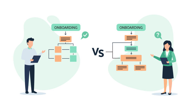 A man and woman compare two different onboarding process flowcharts on opposite sides of a split screen in a clean office environment with soft green and orange tones.