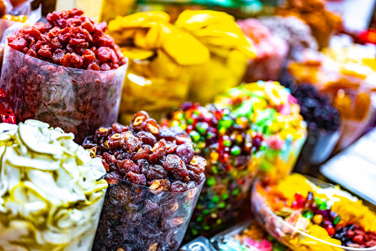 Dried fruits and sweet food sold at Da Lat market, Vietnam