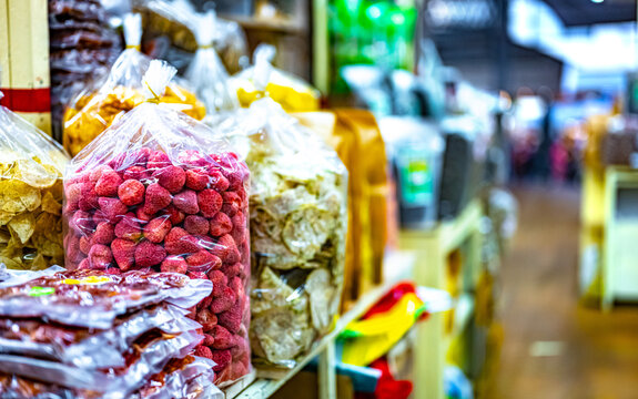 Dried fruits and sweet food sold at Da Lat market, Vietnam