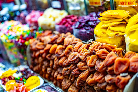 Dried fruits and sweet food sold at Da Lat market, Vietnam