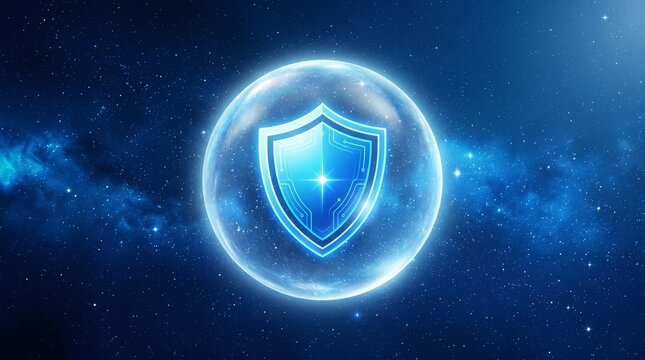 Shiny blue shield icon inside a glowing energy bubble sphere floating in dark space background representing digital data security protection and cyber safety concept