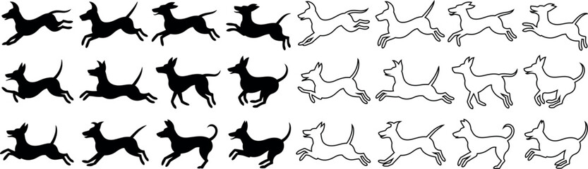 Obraz premium Collection of silhouette and outline illustrations depicting dogs in various running poses