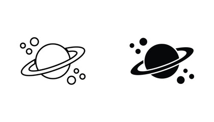 Saturn planet with rings and surrounding moons in simple outline and solid black icons for space and astronomy themes © Digital