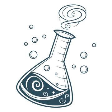 Erlenmeyer flask with swirling liquid bubbles