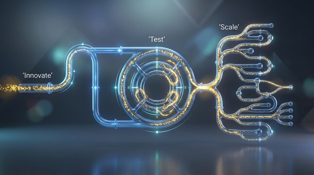 Pipeline manifold system visualizes the strategic movement of data through an iterative testing cycle that branches into various paths to represent effective corporate scaling and expansion.