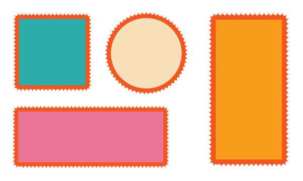 Set of Colorful Blank Postage Stamp Frames and Border Templates in Different Shapes