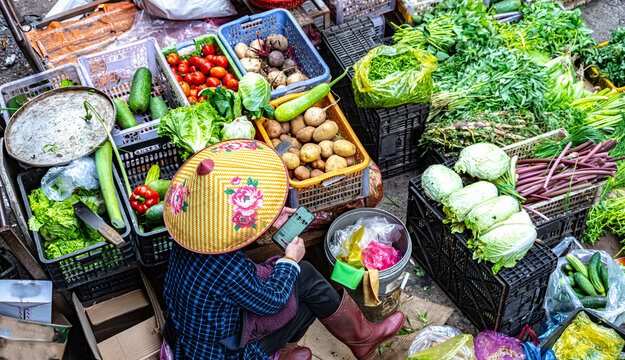 Street market place with vegetables and fruits in Da Lat Vietnam
