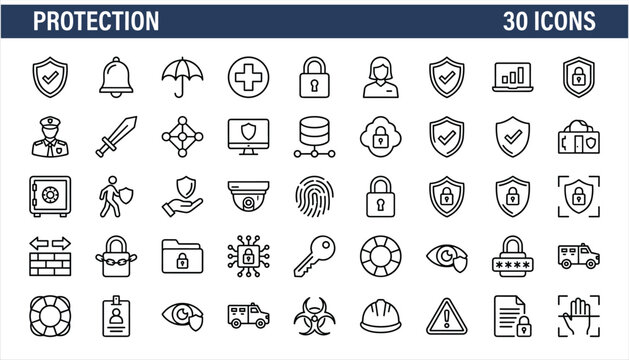 Protection and security icon set including shield, lock, key, surveillance, firewall, password, data protection, cybersecurity, safety, and personal security symbols.