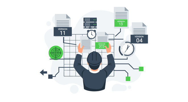 Technician inspects numerous versioned files, server icons, and clocks, highlighting diligent tracking and management of project iterations and timelines.