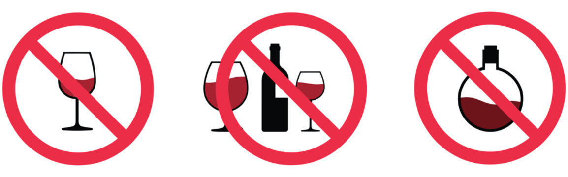 No alcohol icon vector, red circle with slash over alcohol bottle and glass symbols, clean minimal prohibition style, drinking restriction sign, safety regulations and rules enforcement concept, moder