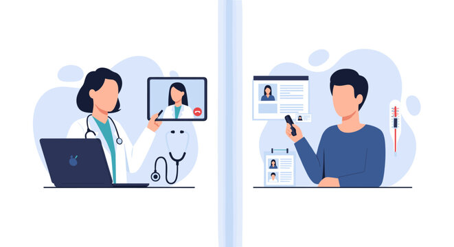 A female doctor on a video call consults with a male patient who holds a medical card in a split-screen digital consultation setup with soft blue lighting.