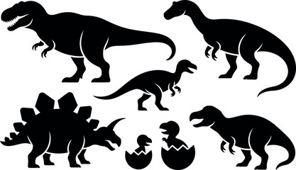 Silhouette of various dinosaurs on a white background © md manik hossain