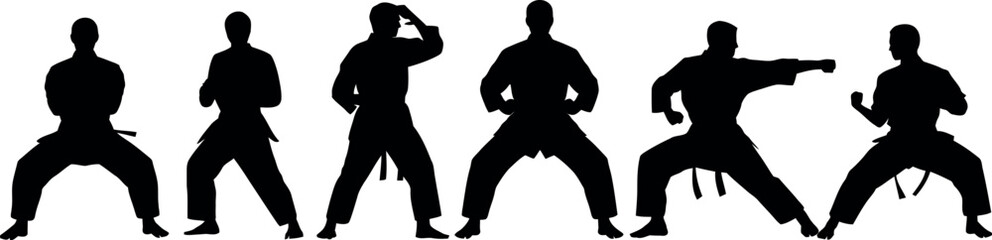 Silhouettes of martial artists performing various karate katas and combat stances © md manik hossain