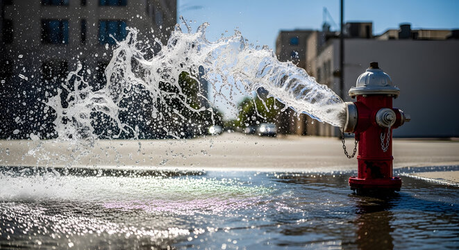 Urban fire hydrant gushing water on city street in sunlight