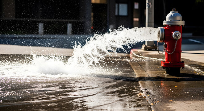 Red fire hydrant spraying water on urban street in sunlight