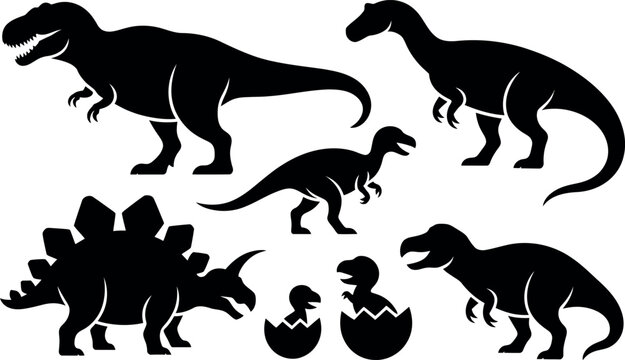 Silhouette of various dinosaurs on a white background