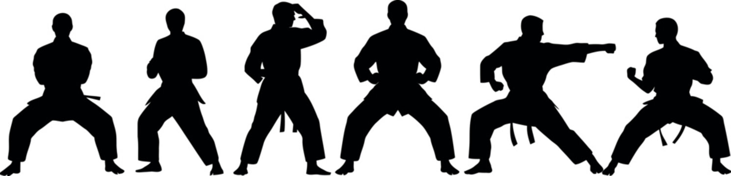 Silhouettes of martial artists performing various karate katas and combat stances