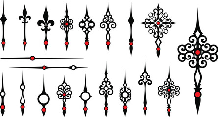 Ornate Clock Hands Vector Set Featuring Vintage Filigree Designs, Fleur de Lis Styles, and Antique Decorative Pointers for Watchmaking, Timeless Concepts, and Classic Craftsmanship Projects © Sohel