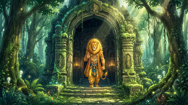 Golden lion god figure stands gracefully before a mystical ancient temple in a lush forest.
