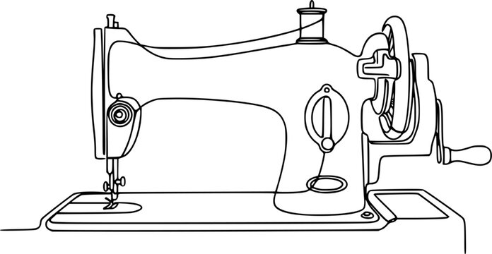 Sewing machine in continuous line art drawing style. Abstract old style sewing-machine for atelier or tailor sign design. Minimalist black linear sketch on white background. Vector illustration See Le