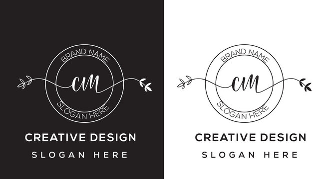 Luxury handwritten initials logo cm with botanical circle frame 