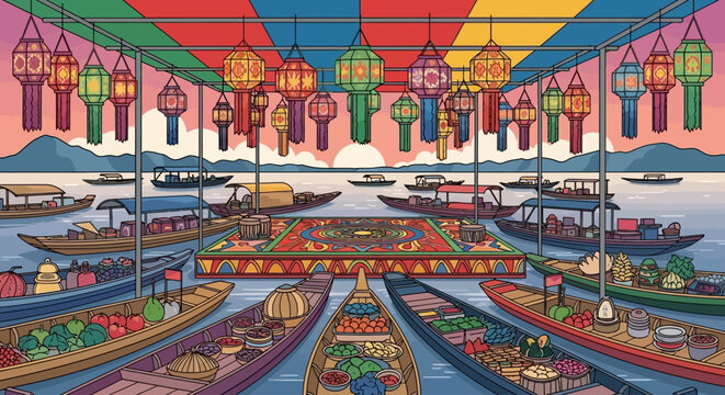 Colorful Lanterns Hanging Above Boats.