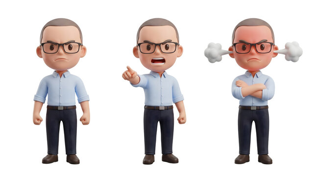 3D Chibi Office Worker Male Character Set: Three Angry and Frustrated Poses