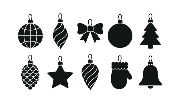 Christmas ornament icon set with baubles, pine cone, star, bow, tree, mitten, and bell holiday decoration symbols.