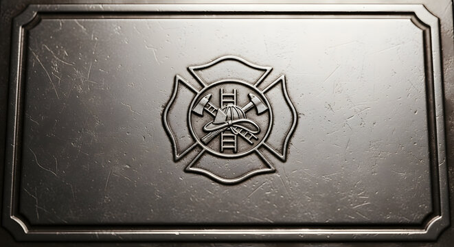 Vintage firefighter badge emblem on textured metal plaque
