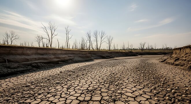 Dry cracked earth landscape under a bright sunny sky.