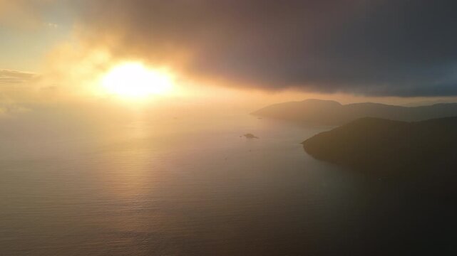 Aerial view of the island of Ilha Grande near the town of Angra dos Reis in Brazil during sunrise