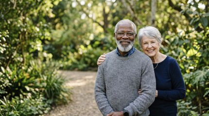 Fototapeta premium Happy Black senior man and woman posing together in a lush summer garden