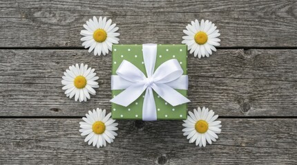 Obraz premium Green gift box with white bow and daisy flowers on rustic wooden background