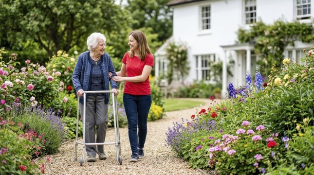 Young caregiver supporting elderly woman with walker in summer garden