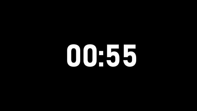 1 minute countdown animation from 60 seconds to 0 seconds on a transparent background. .1 minute stopwatch.