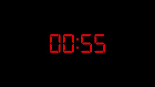 1 minute countdown animation from 60 seconds to 0 seconds on a transparent background. .1 minute stopwatch.
