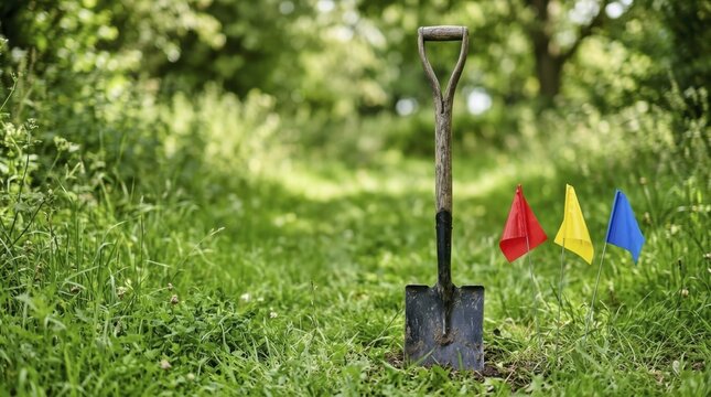 Spade shovel standing in green grass with small colorful utility flags