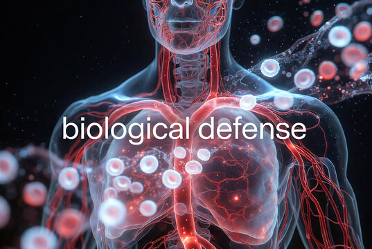 Biological defense: The image depicts a human body with red blood cells and immune cells defending against pathogens within the circulatory system.
