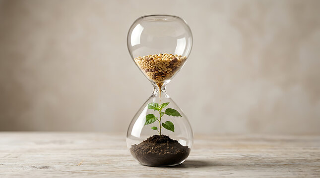 Hourglass with plant growing from soil at the bottom time passing hourglass