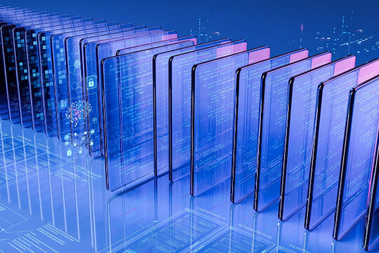 Futuristic digital panels displaying computer code and AI neural network for cloud computing concept