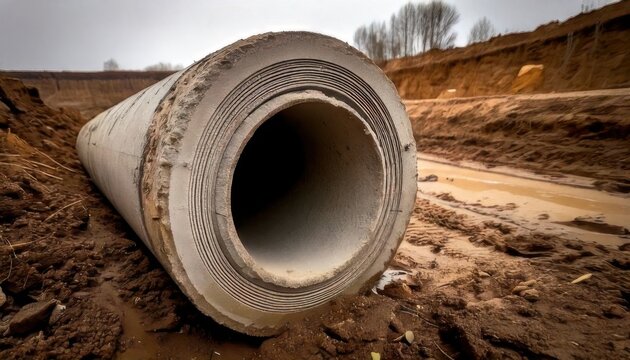 Large concrete pipe segment resting on construction site dirt with trees in background