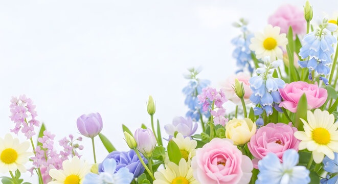 Colorful flowers border with pink roses and daisies
