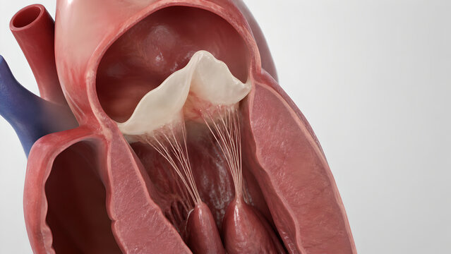 Mitral valve prolapse, leaflet billowing, left atrium, left ventricle, chordae tendineae, papillary muscles, heart cutaway, 3D anatomy, medical render